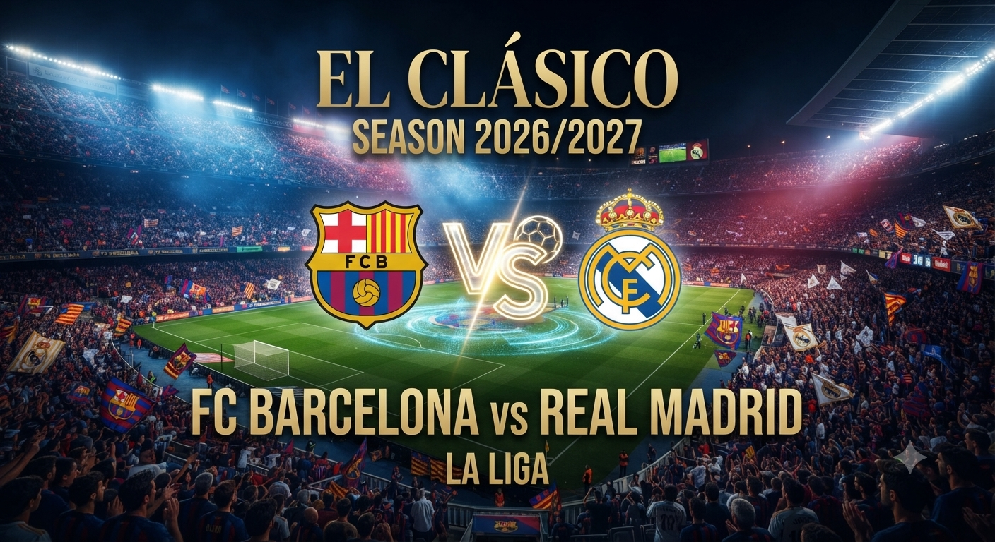 Barcelona and Real Madrid players compete for the ball during an El Clásico match in a crowded stadium.