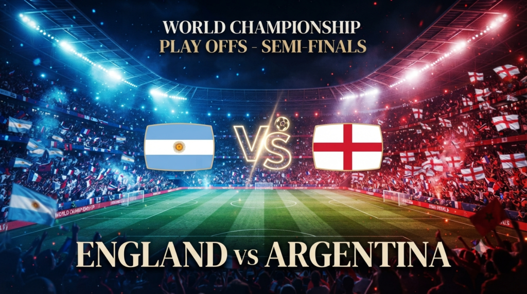 England and Argentina face off in a high-stakes FIFA World Cup 2026 semi-final, with both teams battling for a place in the final. Players compete intensely on the pitch in front of a packed stadium filled with passionate supporters.