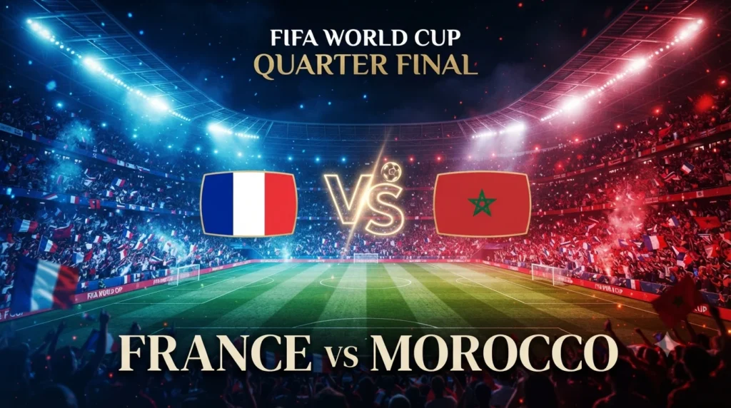 تصميم احترافي لمباراة فرنسا ضد المغرب في ربع نهائي كأس العالم، يظهر علما المنتخبين على جانبي ملعب كرة قدم مضاء ليلاً مع كلمة VS في المنتصف وأجواء جماهيرية حماسية.
