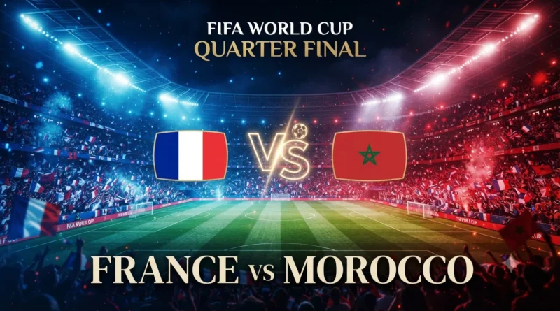 تصميم احترافي لمباراة فرنسا ضد المغرب في ربع نهائي كأس العالم، يظهر علما المنتخبين على جانبي ملعب كرة قدم مضاء ليلاً مع كلمة VS في المنتصف وأجواء جماهيرية حماسية.