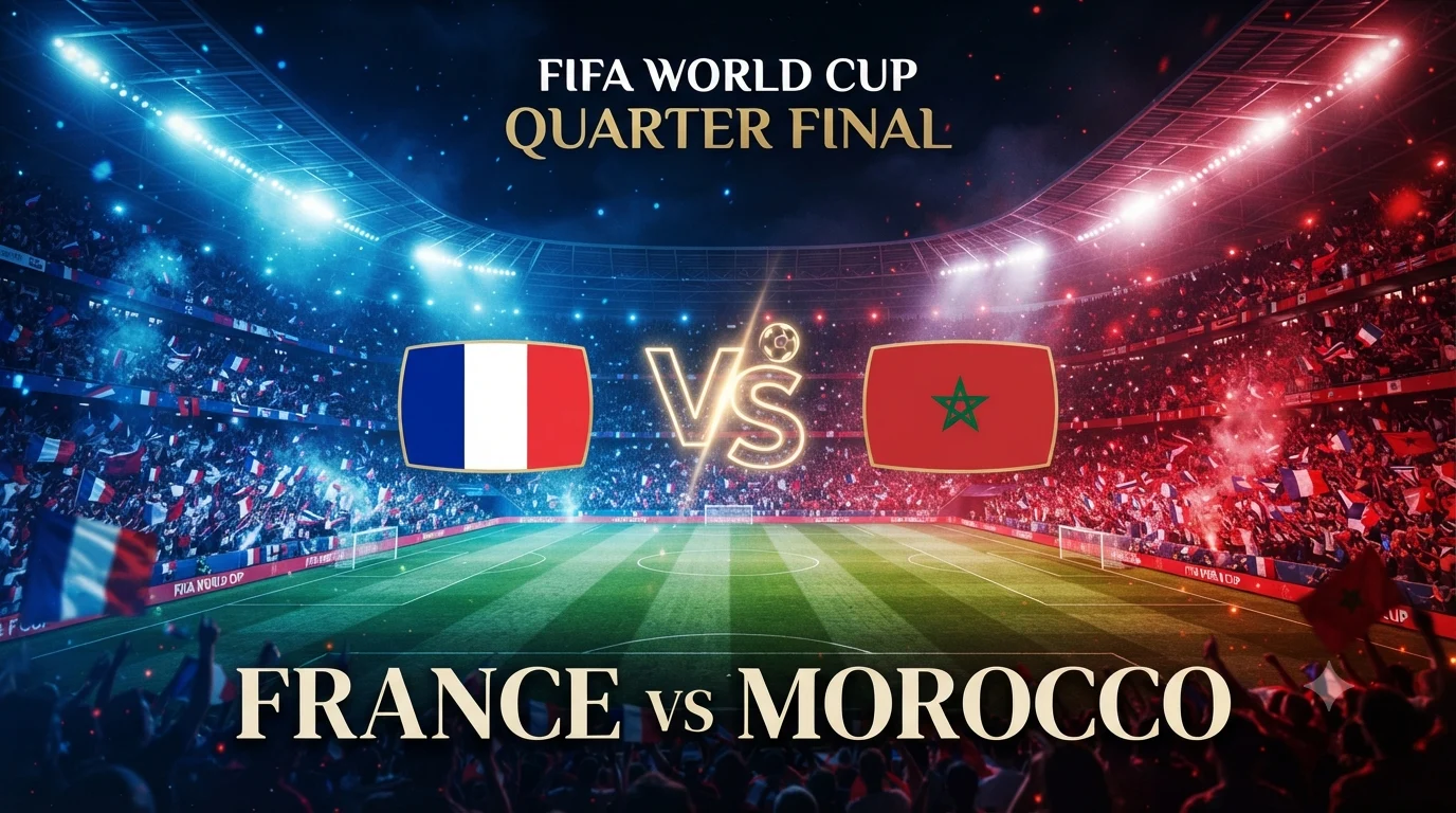 تصميم احترافي لمباراة فرنسا ضد المغرب في ربع نهائي كأس العالم، يظهر علما المنتخبين على جانبي ملعب كرة قدم مضاء ليلاً مع كلمة VS في المنتصف وأجواء جماهيرية حماسية.