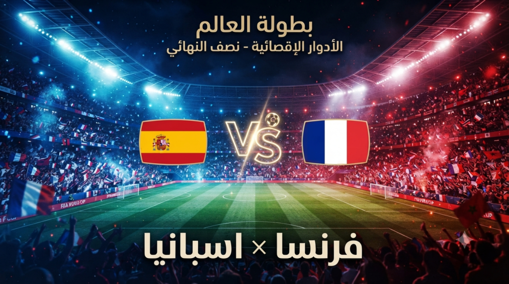 شعارا منتخبي فرنسا وإسبانيا مع عنوان المباراة: بطولة العالم – الأدوار الإقصائية – نصف النهائي.