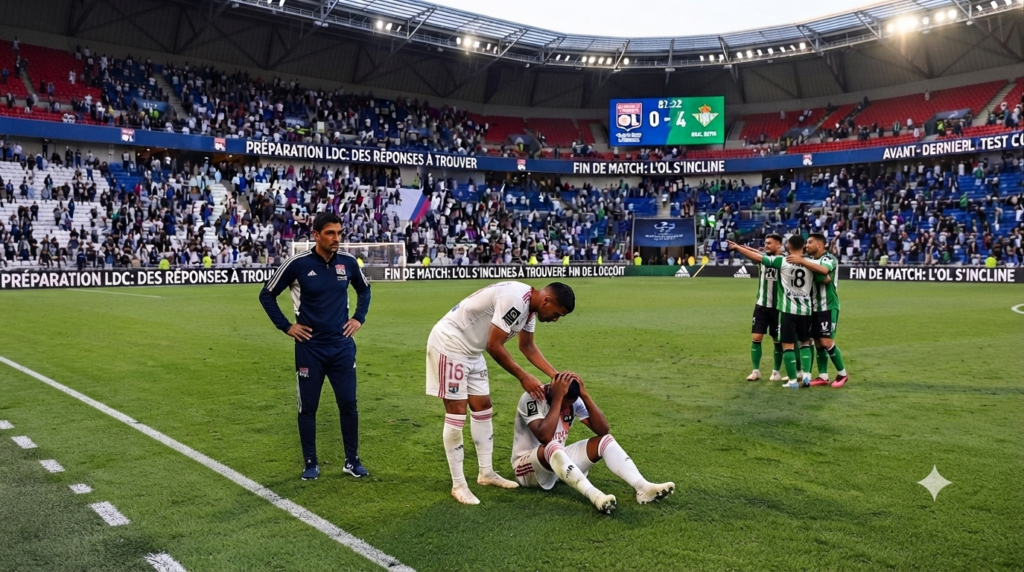 مدرب أولمبيك ليون ومدير فريقه (يسار) يشاهدان بلا مبالاة لاعباً من فريق ليون (يمين) جالساً على العشب، ممسكاً برأسه بيده، بينما يحتفل لاعبو فريق ريال بيتيس (في الخلفية) بهدفهم.