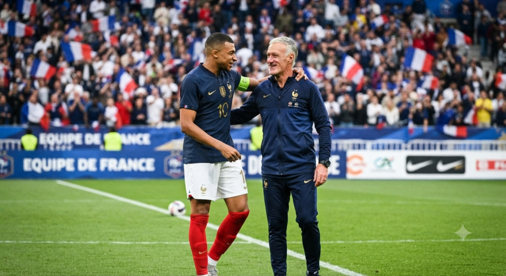 كيليان مبابي بقميص المنتخب الفرنسي رقم 10 يعانق مدرب المنتخب ديدييه ديشامب على أرضية الملعب.
