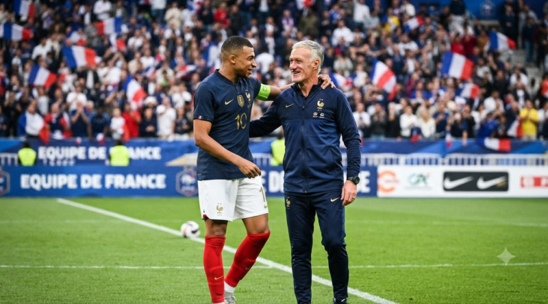 كيليان مبابي بقميص المنتخب الفرنسي رقم 10 يعانق مدرب المنتخب ديدييه ديشامب على أرضية الملعب.