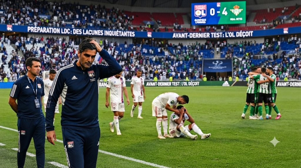 مدرب أولمبيك ليون بيتر بوش (على اليسار) ومساعده (على اليمين) يسيران على أرض الملعب بوجوه محبطة، بينما تظهر شاشة النتيجة في الخلفية مشيرة لخسارة فريقهما 0-4 أمام ريال بيتيس.
