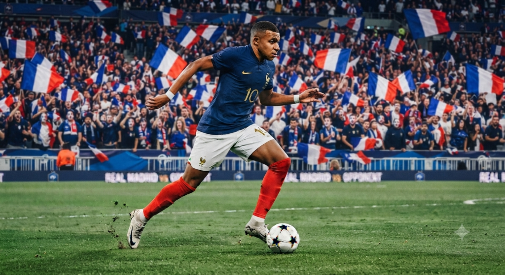 كيليان مبابي بقميص المنتخب الفرنسي يركض بالكرة على أرضية الملعب أمام جمهور يرفع الأعلام الفرنسية.