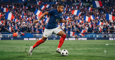كيليان مبابي بقميص المنتخب الفرنسي يركض بالكرة على أرضية الملعب أمام جمهور يرفع الأعلام الفرنسية.