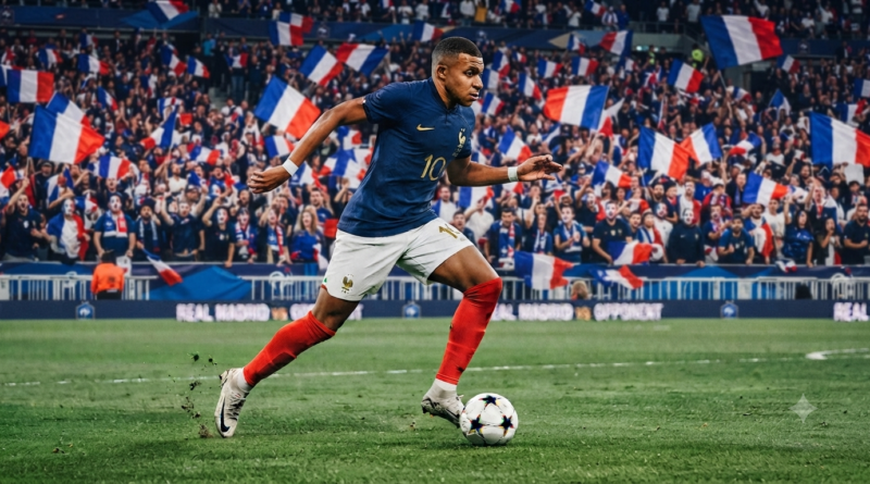 كيليان مبابي بقميص المنتخب الفرنسي يركض بالكرة على أرضية الملعب أمام جمهور يرفع الأعلام الفرنسية.
