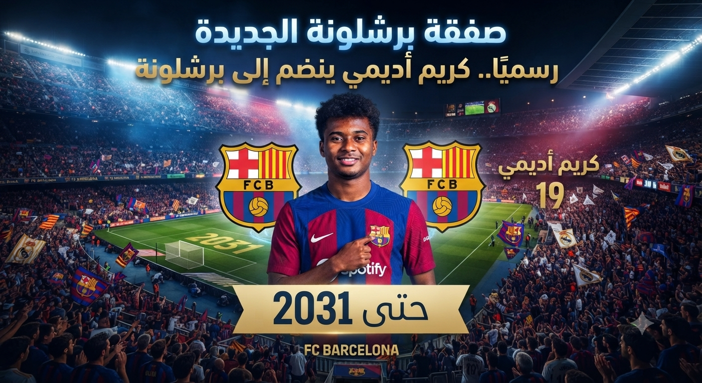 تصميم إعلان انتقال كريم أديمي إلى برشلونة، مع صورة اللاعب بقميص برشلونة الجديد ونص يؤكد انضمامه رسميًا حتى عام 2031.
