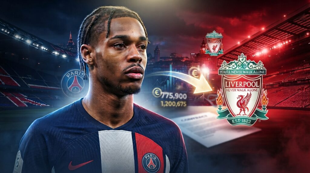 صورة مركبة واقعية ومليئة بالدراما (HDR) للاعب كرة القدم الشاب برادلي باركولا، وهو يرتدي قميص باريس سان جيرمان ويعبر عن خيبة الأمل وعدم اليقين، وينظر إلى الجانب نحو شعار ليفربول