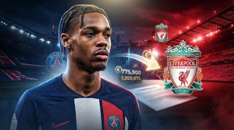 صورة مركبة واقعية ومليئة بالدراما (HDR) للاعب كرة القدم الشاب برادلي باركولا، وهو يرتدي قميص باريس سان جيرمان ويعبر عن خيبة الأمل وعدم اليقين، وينظر إلى الجانب نحو شعار ليفربول