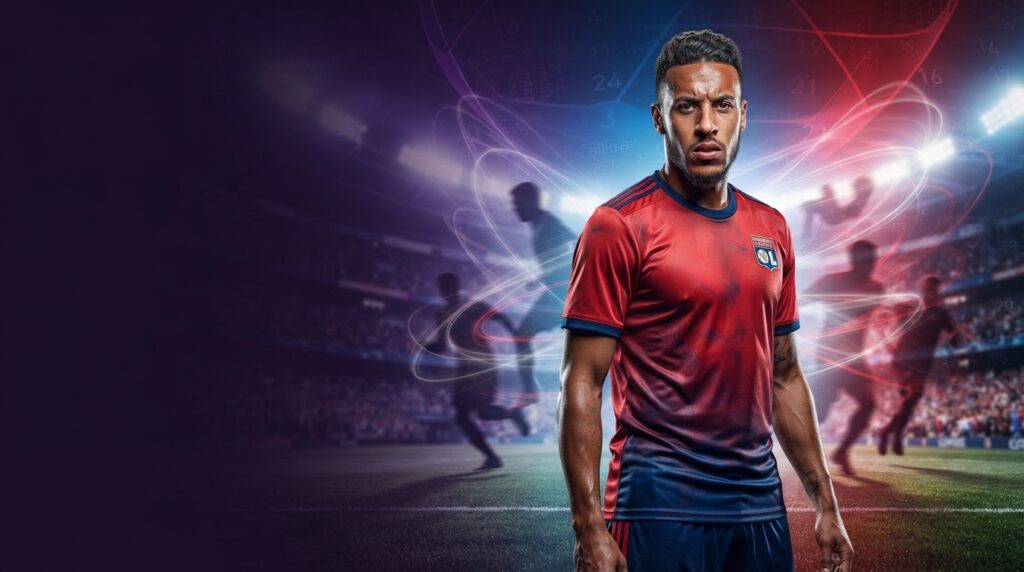 صورة فوتوغرافية تحريرية واقعية عالية الدقة (8K) للاعب خط وسط أولمبيك ليون كورينتان توليسو وهو يقف بتركيز شديد وتعبير حازم داخل ملعب كرة قدم مضاء ليلاً.