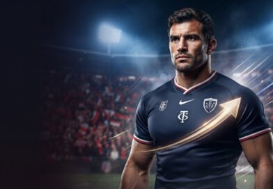 صورة فوتوغرافية احترافية واقعية (HDR) للاعب الرجبي الفرنسي فرانسوا كروس وهو يرتدي الطقم الثاني لفريق ستاد تولوزان (باللون الكحلي الداكن مع تفاصيل حمراء وبيضاء)، ويقف في ملعب مضاء ليلاً مع أسهم انتقال متوهجة في الخلفية.