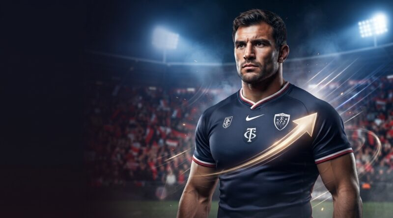 صورة فوتوغرافية احترافية واقعية (HDR) للاعب الرجبي الفرنسي فرانسوا كروس وهو يرتدي الطقم الثاني لفريق ستاد تولوزان (باللون الكحلي الداكن مع تفاصيل حمراء وبيضاء)، ويقف في ملعب مضاء ليلاً مع أسهم انتقال متوهجة في الخلفية.
