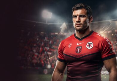 صورة فوتوغرافية واقعية ومليئة بالدراما (HDR) للاعب الرجبي الفرنسي فرانسوا كروس وهو يرتدي قميص فريق ستاد تولوزان ويقف في ملعب مضاء ليلاً.