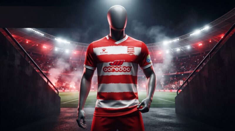 A professional, ultra-realistic photograph of a faceless grey mannequin standing in a dark, dramatic stadium tunnel, wearing the detailed red and white striped football jersey from image_64.png, complete with all logos (KElme, Club Africain crest, ooredoo, Boga) perfectly rendered and sharp.