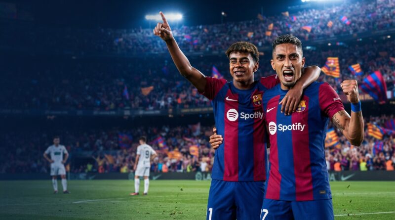 An ultra-realistic, cinematic sports photograph capturing FC Barcelona players Raphinha and Lamine Yamal celebrating intensely after a goal at a packed Camp Nou stadium at night, with the left side of the frame reserved for a headline.