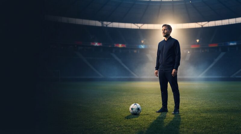 A cinematic sports editorial photograph of former German footballer Diego Demme standing thoughtfully on a pitch in an empty stadium at sunset, wearing an elegant dark navy training tracksuit with a football resting on the grass in front of him, set against a dark background with clean negative space on the left.