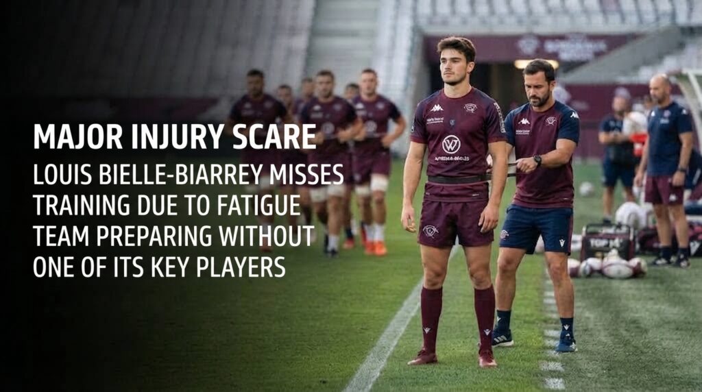 A sports journalism photograph captures a Bordeaux-Bègles rugby training session, featuring a player receiving resistance band coaching from a staff member in the foreground and the team training in the background, with a dark overlay on the left containing English text.
