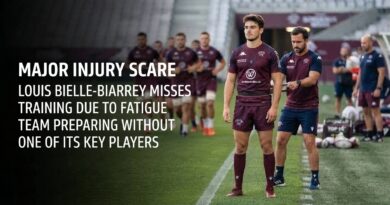 A sports journalism photograph captures a Bordeaux-Bègles rugby training session, featuring a player receiving resistance band coaching from a staff member in the foreground and the team training in the background, with a dark overlay on the left containing English text.