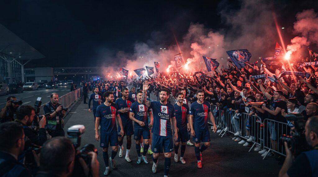 A wide, cinematic sports editorial photograph of Paris Saint-Germain players returning to Paris late at night after defeating Marseille, greeted by a euphoric crowd of supporters with red flares and smoke.