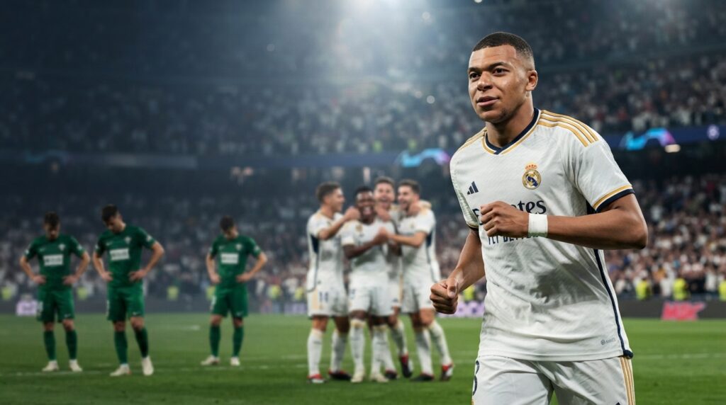 A dramatic, high-end sports journalism photograph capturing Kylian Mbappé in a white Real Madrid kit, celebrating a late goal against Elche with a confident, intense expression, with other players and a packed stadium in the background.
