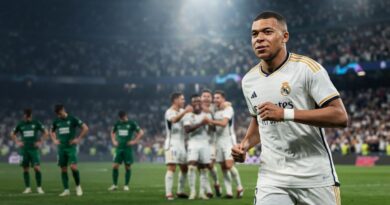 A dramatic, high-end sports journalism photograph capturing Kylian Mbappé in a white Real Madrid kit, celebrating a late goal against Elche with a confident, intense expression, with other players and a packed stadium in the background.