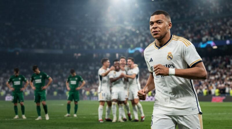 A dramatic, high-end sports journalism photograph capturing Kylian Mbappé in a white Real Madrid kit, celebrating a late goal against Elche with a confident, intense expression, with other players and a packed stadium in the background.