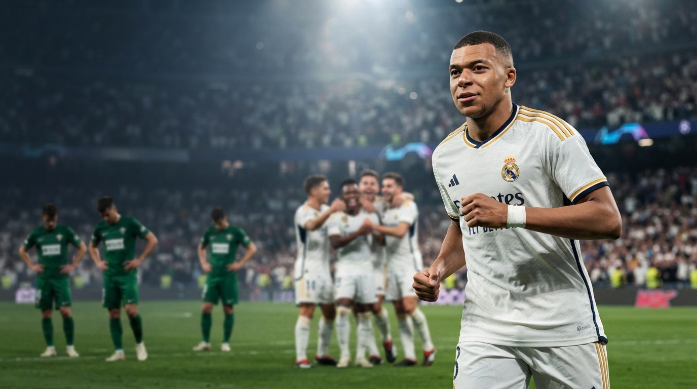 مبابي لا يتوقف عن الحسم.. ريال مدريد يخطف الفوز من إلتشي في اللحظات الأخيرة 2 A dramatic, high-end sports journalism photograph capturing Kylian Mbappé in a white Real Madrid kit, celebrating a late goal against Elche with a confident, intense expression, with other players and a packed stadium in the background.