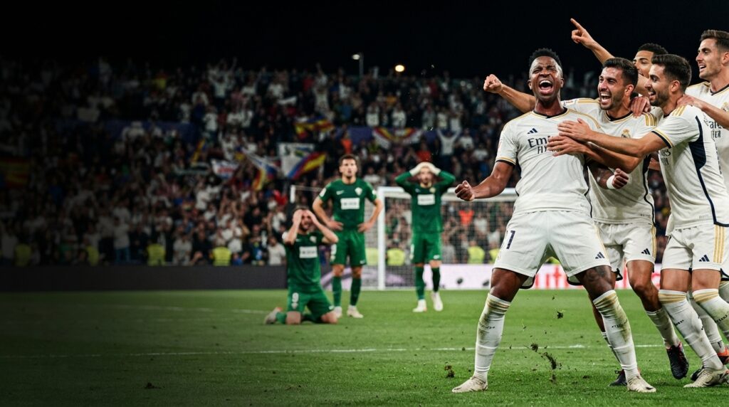A dramatic, cinematic sports photograph capturing Real Madrid players celebrating a late winning goal against Elche in a packed stadium at night.