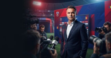 A high-end, photorealistic sports journalism photograph of Laurentiu Reghecampf standing confidently in a dark navy suit during a press conference presentation, with blurred journalists and microphones in the foreground and a stadium atmosphere in the background.