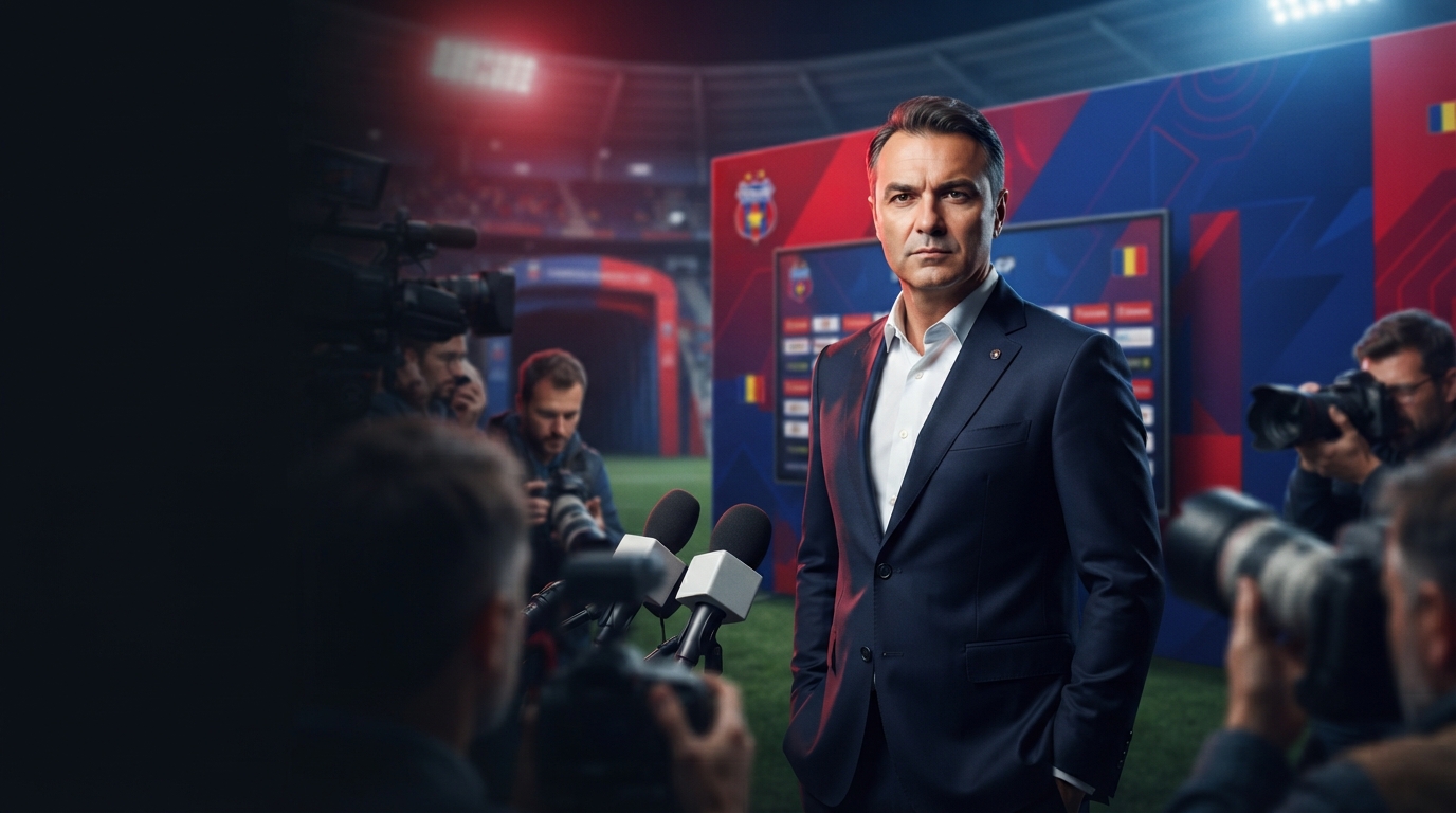 ريغيكامف يعود إلى ستيوا بوخارست.. قرار مفاجئ يشعل كواليس الترجي 2 A high-end, photorealistic sports journalism photograph of Laurentiu Reghecampf standing confidently in a dark navy suit during a press conference presentation, with blurred journalists and microphones in the foreground and a stadium atmosphere in the background.