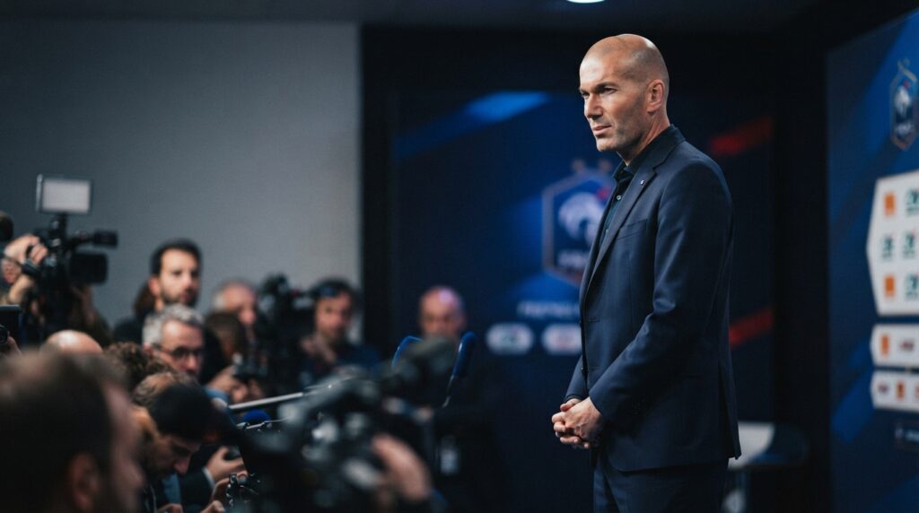 A cinematic sports editorial photograph captures Zinedine Zidane, in a dark navy suit with a subtle blue accent, standing composed and serious in a press conference room. Blurred foreground elements like microphones and cameras suggest intense media attention. The background is a sophisticated, unbranded French Football Federation-style backdrop with restrained lighting. The composition is 16:9, optimized as a hero image with Zidane to the right and negative space on the left.