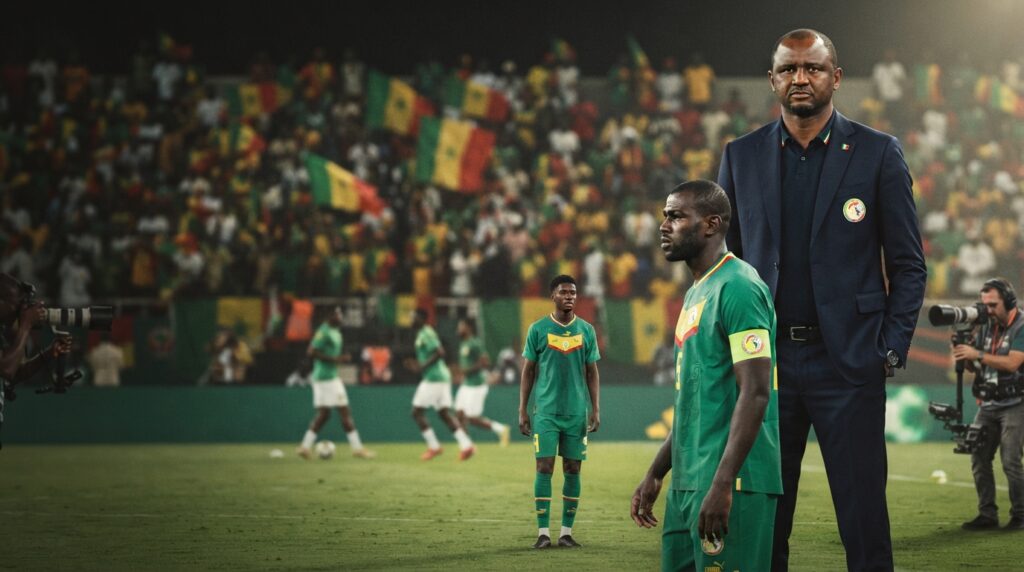 A cinematic, ultra-photorealistic sports journalism photograph (16:9 horizontal composition) captures a symbolic leadership transition for the Senegal national football team. In the background-right, Head Coach Patrick Vieira stands composed and authoritative in a dark suit. In the middle ground-left, veteran defender Kalidou Koulibaly, wearing the green Senegal kit, looks on thoughtfully. A younger player in the same kit is positioned closer to the center of the pitch, signifying the new generation. The setting is an evening match at a floodlit Senegalese stadium with a large, blurred crowd of supporters and flags, creating a respectful and transitional atmosphere. The image has a shallow depth of field and clean negative space on the left for an Arabic headline.