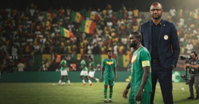 A cinematic, ultra-photorealistic sports journalism photograph (16:9 horizontal composition) captures a symbolic leadership transition for the Senegal national football team. In the background-right, Head Coach Patrick Vieira stands composed and authoritative in a dark suit. In the middle ground-left, veteran defender Kalidou Koulibaly, wearing the green Senegal kit, looks on thoughtfully. A younger player in the same kit is positioned closer to the center of the pitch, signifying the new generation. The setting is an evening match at a floodlit Senegalese stadium with a large, blurred crowd of supporters and flags, creating a respectful and transitional atmosphere. The image has a shallow depth of field and clean negative space on the left for an Arabic headline.