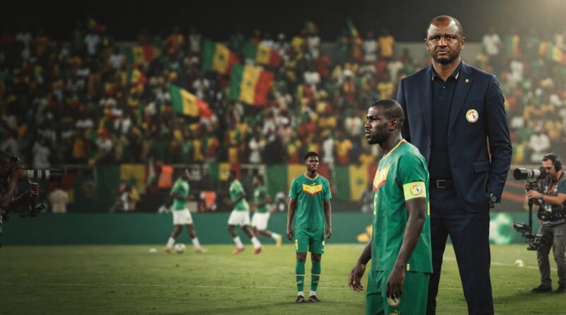 A cinematic, ultra-photorealistic sports journalism photograph (16:9 horizontal composition) captures a symbolic leadership transition for the Senegal national football team. In the background-right, Head Coach Patrick Vieira stands composed and authoritative in a dark suit. In the middle ground-left, veteran defender Kalidou Koulibaly, wearing the green Senegal kit, looks on thoughtfully. A younger player in the same kit is positioned closer to the center of the pitch, signifying the new generation. The setting is an evening match at a floodlit Senegalese stadium with a large, blurred crowd of supporters and flags, creating a respectful and transitional atmosphere. The image has a shallow depth of field and clean negative space on the left for an Arabic headline.