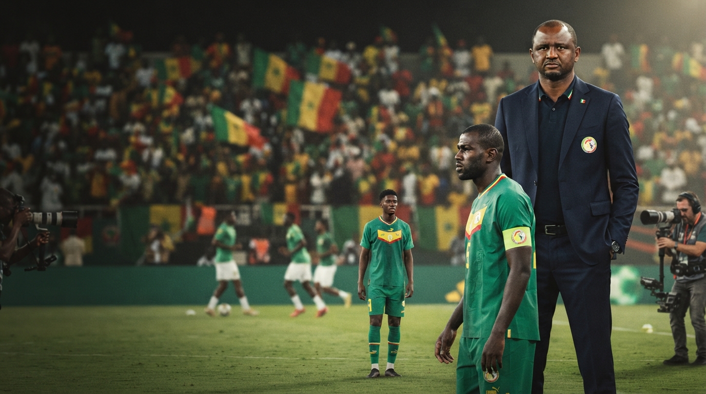 A cinematic, ultra-photorealistic sports journalism photograph (16:9 horizontal composition) captures a symbolic leadership transition for the Senegal national football team. In the background-right, Head Coach Patrick Vieira stands composed and authoritative in a dark suit. In the middle ground-left, veteran defender Kalidou Koulibaly, wearing the green Senegal kit, looks on thoughtfully. A younger player in the same kit is positioned closer to the center of the pitch, signifying the new generation. The setting is an evening match at a floodlit Senegalese stadium with a large, blurred crowd of supporters and flags, creating a respectful and transitional atmosphere. The image has a shallow depth of field and clean negative space on the left for an Arabic headline.