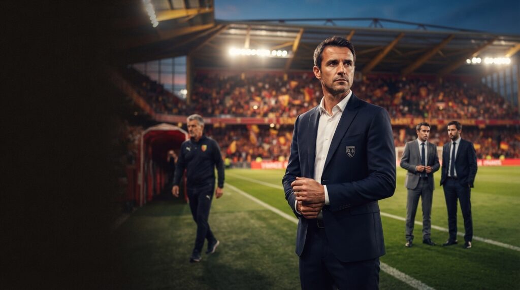 A candid, cinematic photograph capturing Yannick Cahuzac as the central, focused figure on the touchline of Stade Bollaert-Delelis at night, with blurred background figures representing a leadership transition.