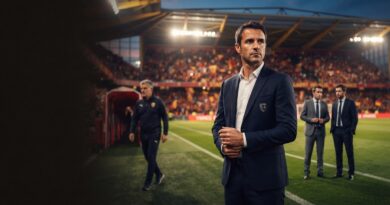A candid, cinematic photograph capturing Yannick Cahuzac as the central, focused figure on the touchline of Stade Bollaert-Delelis at night, with blurred background figures representing a leadership transition.