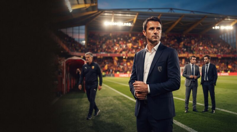 A candid, cinematic photograph capturing Yannick Cahuzac as the central, focused figure on the touchline of Stade Bollaert-Delelis at night, with blurred background figures representing a leadership transition.