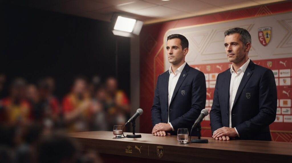 A professional sports journalism photograph of Benjamin Parrot and Jean-Louis Leca standing together behind a press conference table in a modern media room, appearing serious and focused.