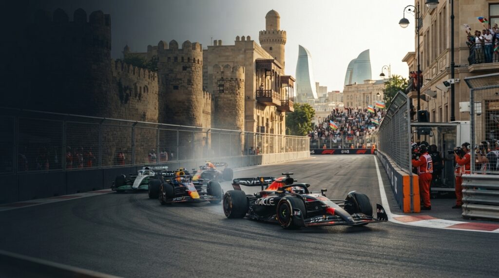 A high-speed, ultra-photorealistic Formula 1 sports journalism photograph capturing single-seater cars racing through the historic streets of the Baku City Circuit during the Azerbaijan Grand Prix, featuring ancient stone walls and modern skyscrapers in the background, with clean negative space in the upper-left.