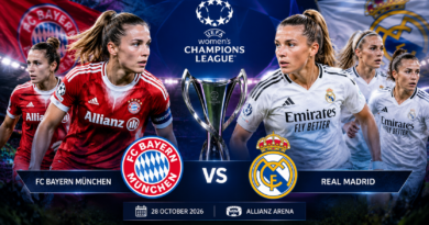 بايرن ميونخ للسيدات وريال مدريد للسيدات في تصميم رياضي لمواجهة مرتقبة ضمن دوري أبطال أوروبا للسيدات 2026، مع ظهور لاعبات الفريقين وكأس البطولة في الخلفية.