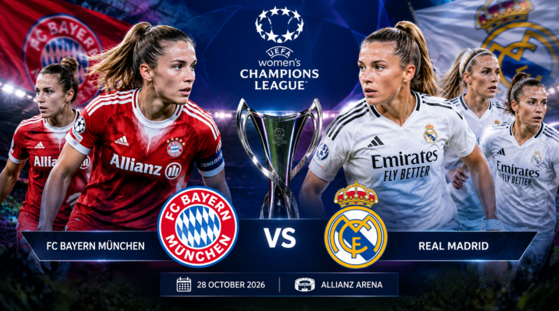 بايرن ميونخ للسيدات وريال مدريد للسيدات في تصميم رياضي لمواجهة مرتقبة ضمن دوري أبطال أوروبا للسيدات 2026، مع ظهور لاعبات الفريقين وكأس البطولة في الخلفية.