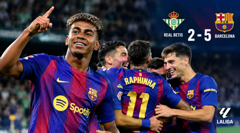 لامين يامال يحتفل بقميص برشلونة بعد الفوز على ريال بيتيس بنتيجة 5-2 في الدوري الإسباني