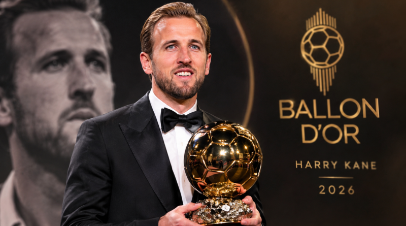 هاري كين يحمل جائزة الكرة الذهبية في تصميم احتفالي يبرز إنجاز نجم بايرن ميونخ لعام 2026.
