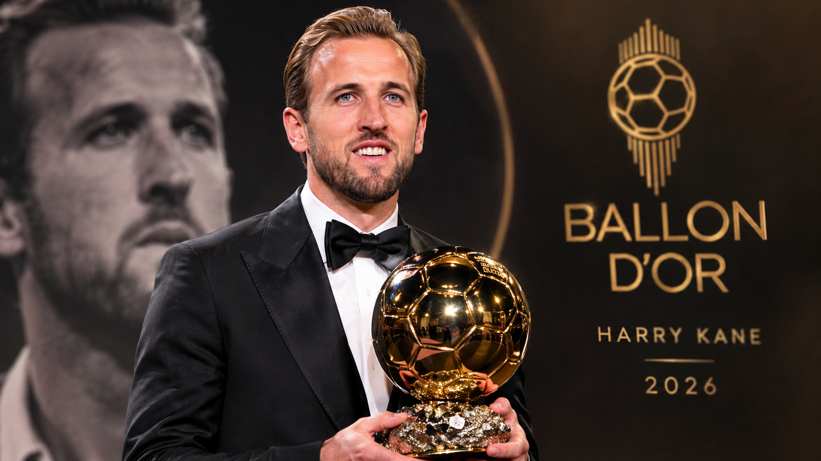 هاري كين يحمل جائزة الكرة الذهبية في تصميم احتفالي يبرز إنجاز نجم بايرن ميونخ لعام 2026.