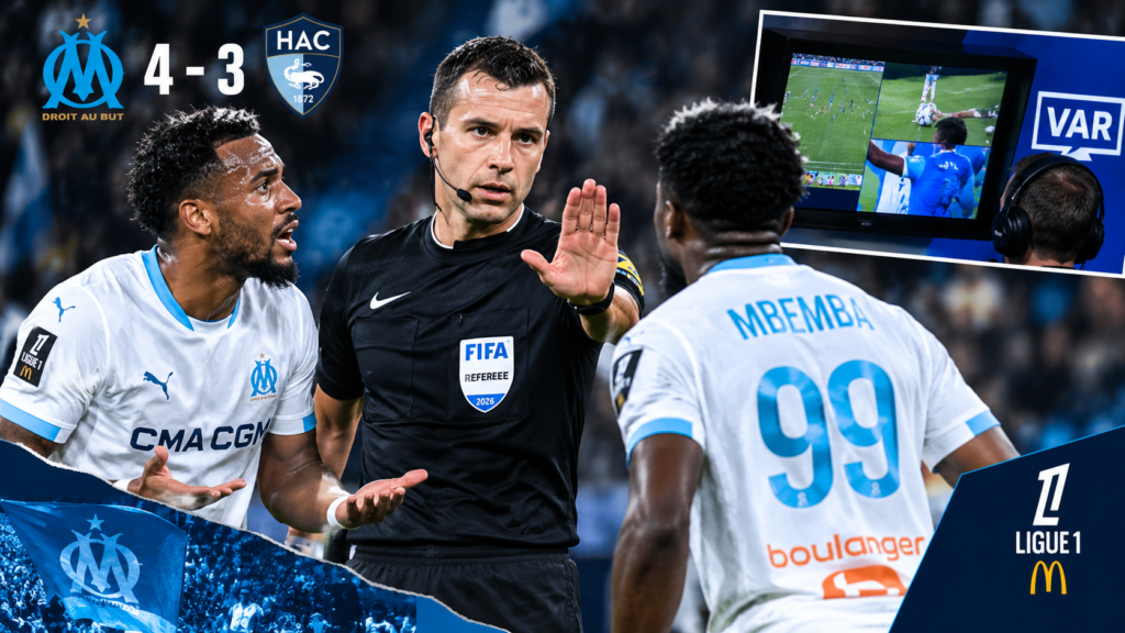 مارسيليا ضد لوهافر في الدوري الفرنسي، والحكم يراجع لقطات تقنية VAR بعد مطالبة لوهافر بركلتي جزاء في مباراة انتهت بفوز مارسيليا 4-3.