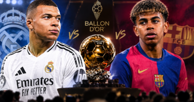 كيليان مبابي بقميص ريال مدريد ولامين يامال بقميص برشلونة في تصميم رياضي حول المنافسة على الكرة الذهبية 2026.